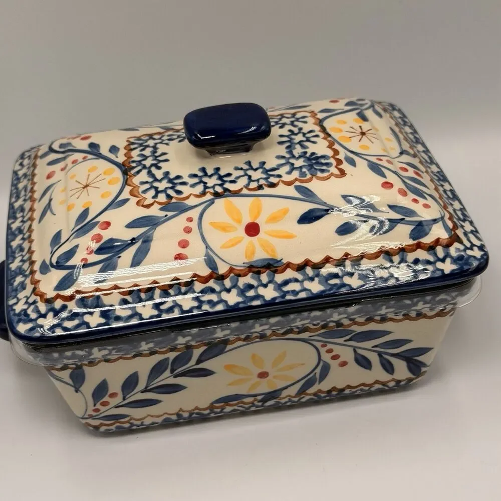 Sterling Home La Dolce Vita Covered Casserole Dish 1 Qt Blue Floral Stoneware